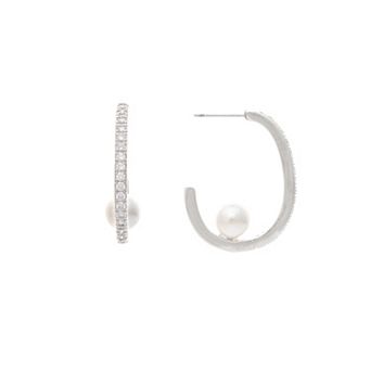 Rivka Friedman White Rhodium Plated CZ Hoop with Pearl detail