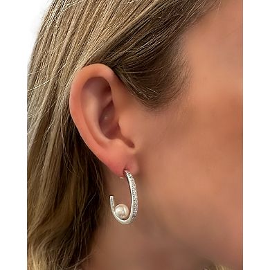 Rivka Friedman White Rhodium Plated CZ Hoop with Pearl detail