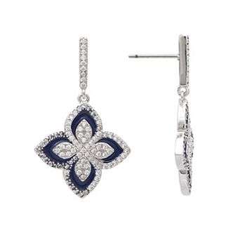 Rivka Friedman Rhodium Plated Flower Enamel and CZ Drop Earring
