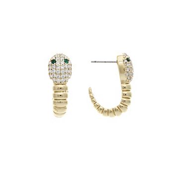 Rivka Friedman 18K Gold Plated Cubic Zirconia Encrusted Snake with Green Crystal Eyes Earrings