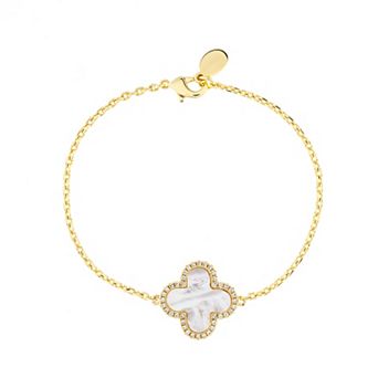 Rivka Friedman 18K Gold Plated Single Mother of Pearl Flower Station with CZ Surround on Cable Chain