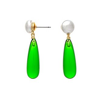 Rivka Friedman 18K Gold Plated Pearl + Green Elongated Teardrop Drop Earring