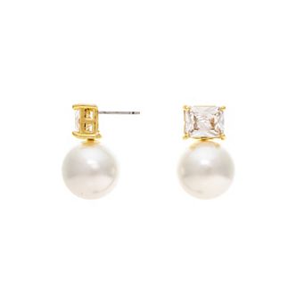 Rivka Friedman 18K Gold Plated Cubic Zirconia and Pearl Drop Stud Earring