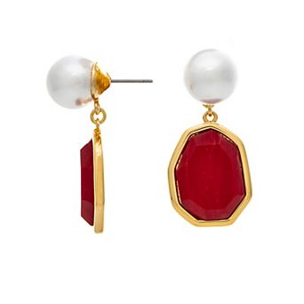 Rivka Friedman 18K Gold Plated Faux Pearl and Carnelian Geometric Drop Earrings