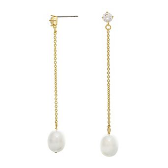 Rivka Friedman 18K Gold Plated Chain Drop Earrings with CZ and Freshwater Pearl