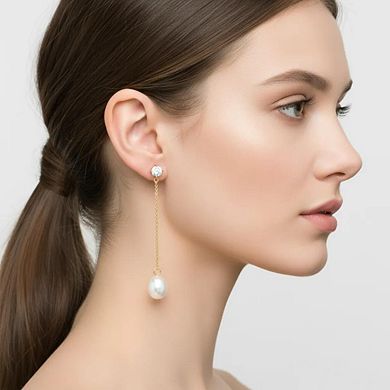 Rivka Friedman 18K Gold Plated Chain Drop Earrings with CZ and Freshwater Pearl
