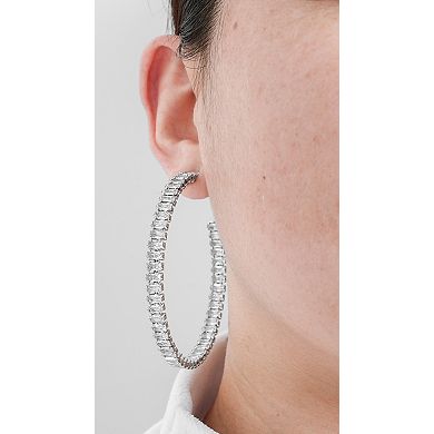 Rivka Friedman Rhodium Plated Rectangle Cubic Zirconia Statement Hoop Earrings