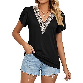 Womens Summer Tops Petal Short Shirts Country V Neck Shirt Lace Casual Loose Blouse