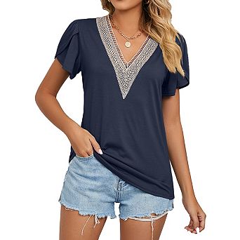 Womens Summer Tops Petal Short Shirts Country V Neck Shirt Lace Casual Loose Blouse