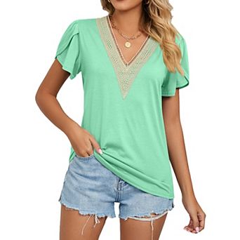Womens Summer Tops Petal Short Shirts Country V Neck Shirt Lace Casual Loose Blouse