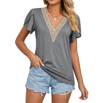 Womens Summer Tops Petal Short Shirts Country V Neck Shirt Lace Casual Loose Blouse