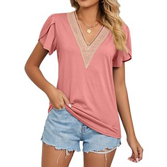 Womens Summer Tops Petal Short Shirts Country V Neck Shirt Lace Casual Loose Blouse
