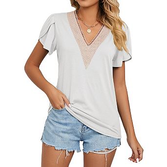 Womens Summer Tops Petal Short Shirts Country V Neck Shirt Lace Casual Loose Blouse