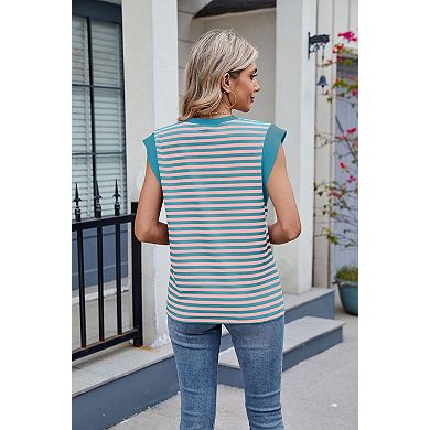 Women's Crew Neck Color Block Cap Sleeve Striped Casual Oversized Basic Loose Summer Tops