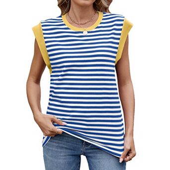 Women's Crew Neck Color Block Cap Sleeve Striped Casual Oversized Basic Loose Summer Tops