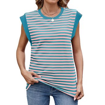 Women's Crew Neck Color Block Cap Sleeve Striped Casual Oversized Basic Loose Summer Tops