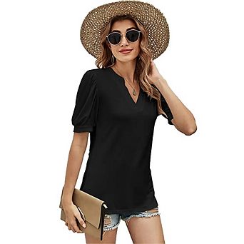 Women's Summer V Neck Puff Short Sleeve Shirt Tunic Blouse Tops