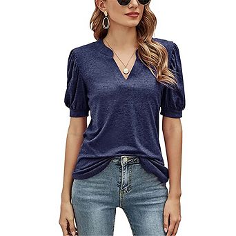 Women's Summer V Neck Puff Short Sleeve Shirt Tunic Blouse Tops