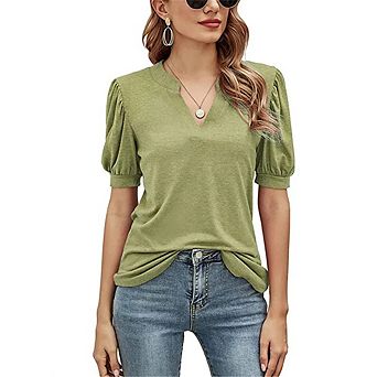 Women's Summer V Neck Puff Short Sleeve Shirt Tunic Blouse Tops