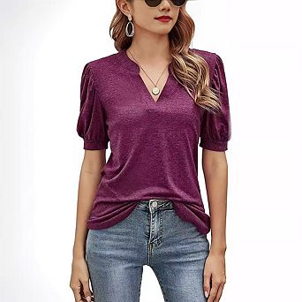 Women's Summer V Neck Puff Short Sleeve Shirt Tunic Blouse Tops