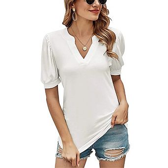 Women's Summer V Neck Puff Short Sleeve Shirt Tunic Blouse Tops