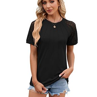 Women's Hollow Out Shirt Crewneck Lace Short Sleeve Pleated Front Casual Elegant Blouse