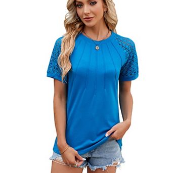 Women's Hollow Out Shirt Crewneck Lace Short Sleeve Pleated Front Casual Elegant Blouse