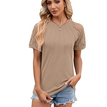 Women's Hollow Out Shirt Crewneck Lace Short Sleeve Pleated Front Casual Elegant Blouse
