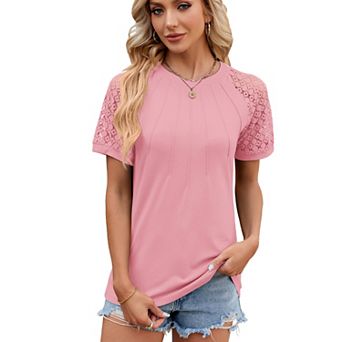 Women's Hollow Out Shirt Crewneck Lace Short Sleeve Pleated Front Casual Elegant Blouse