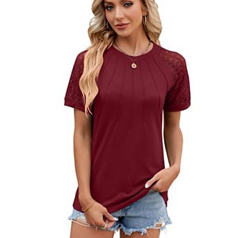 Women's Hollow Out Shirt Crewneck Lace Short Sleeve Pleated Front Casual Elegant Blouse