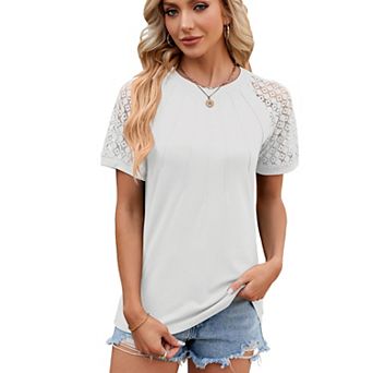 Women's Hollow Out Shirt Crewneck Lace Short Sleeve Pleated Front Casual Elegant Blouse