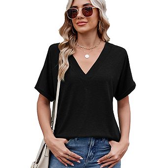 Women's Summer V Neck Oversized T-Shirts Rolled Short Sleeve Casual Tops Loose Fit Tees Shirts
