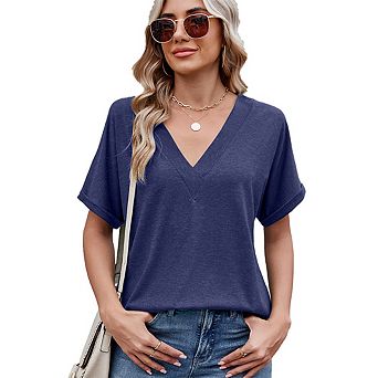 Women's Summer V Neck Oversized T-Shirts Rolled Short Sleeve Casual Tops Loose Fit Tees Shirts