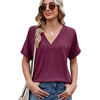 Women's Summer V Neck Oversized T-Shirts Rolled Short Sleeve Casual Tops Loose Fit Tees Shirts