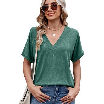 Women's Summer V Neck Oversized T-Shirts Rolled Short Sleeve Casual Tops Loose Fit Tees Shirts