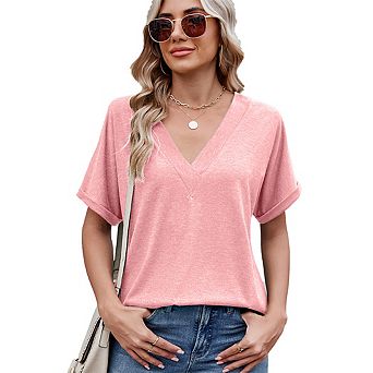 Women's Summer V Neck Oversized T-Shirts Rolled Short Sleeve Casual Tops Loose Fit Tees Shirts