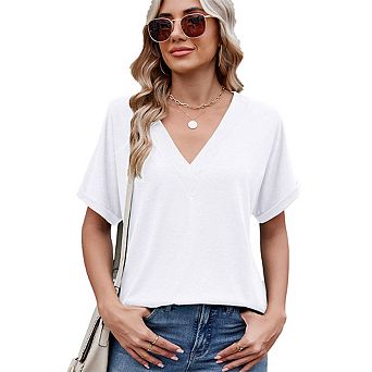 Women's Summer V Neck Oversized T-Shirts Rolled Short Sleeve Casual Tops Loose Fit Tees Shirts