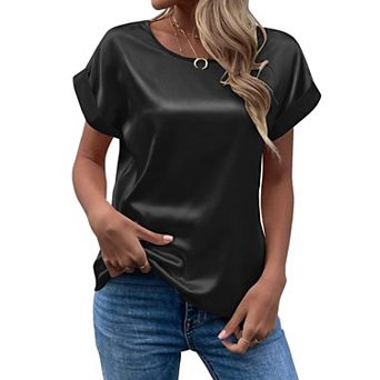 Women's Short Sleeve Satin Blouses Casual Loose Crewneck Silk Shirts Roll Up Sleeve Tops