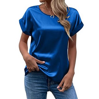 Women's Short Sleeve Satin Blouses Casual Loose Crewneck Silk Shirts Roll Up Sleeve Tops
