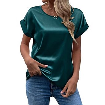 Women's Short Sleeve Satin Blouses Casual Loose Crewneck Silk Shirts Roll Up Sleeve Tops