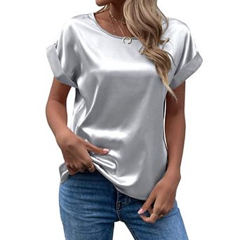 Women's Short Sleeve Satin Blouses Casual Loose Crewneck Silk Shirts Roll Up Sleeve Tops