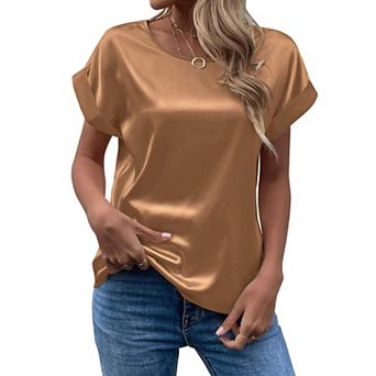Women's Short Sleeve Satin Blouses Casual Loose Crewneck Silk Shirts Roll Up Sleeve Tops