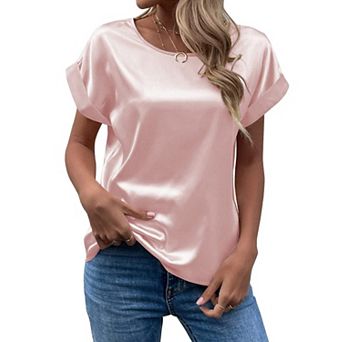Women's Short Sleeve Satin Blouses Casual Loose Crewneck Silk Shirts Roll Up Sleeve Tops