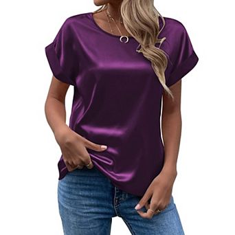 Women's Short Sleeve Satin Blouses Casual Loose Crewneck Silk Shirts Roll Up Sleeve Tops