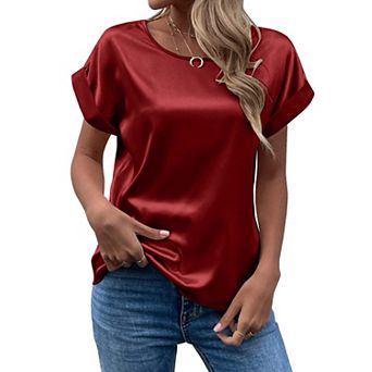 Women's Short Sleeve Satin Blouses Casual Loose Crewneck Silk Shirts Roll Up Sleeve Tops