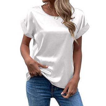 Women's Short Sleeve Satin Blouses Casual Loose Crewneck Silk Shirts Roll Up Sleeve Tops