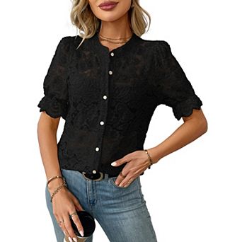 Women Lace Short Puff Sleeve Tops Dressy Casual Blouse Button Down Sheer Elegant Shirts