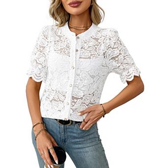 Women Lace Short Puff Sleeve Tops Dressy Casual Blouse Button Down Sheer Elegant Shirts