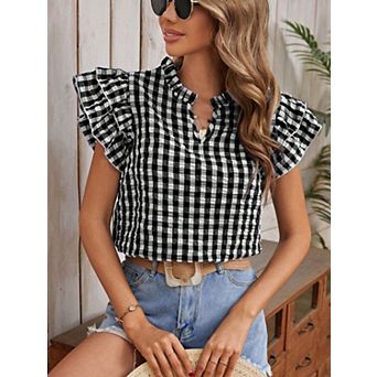 Women's Summer V Neck Ruffle Sleeve Shirt Retro Gingham Casual Blouse Shirts Tops