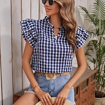 Women's Summer V Neck Ruffle Sleeve Shirt Retro Gingham Casual Blouse Shirts Tops